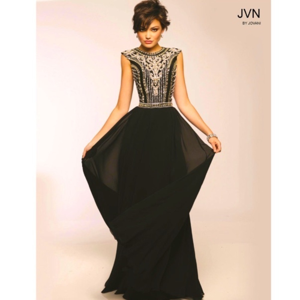JVN by Jovani Black Gown with Metallic Embellished Bodice